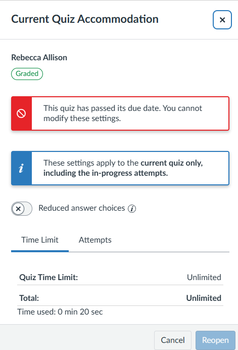 Quiz accommodation settings