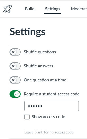 Quiz settings with student access code toggled on with a password.