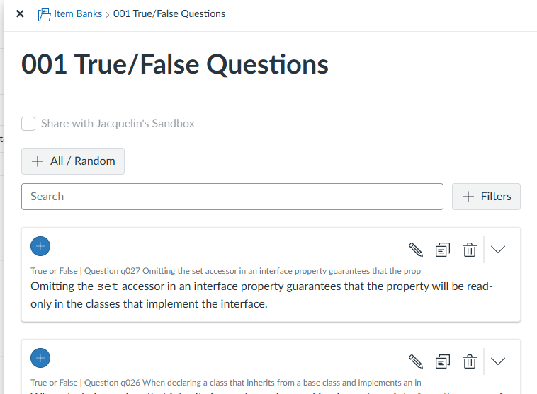 True and false questions item banks.
