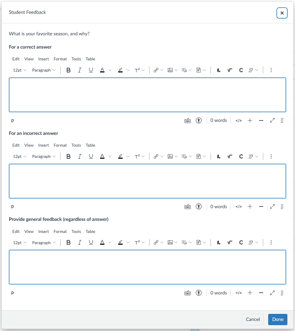 Feedback text boxes for correct, incorrect, or general responses. 