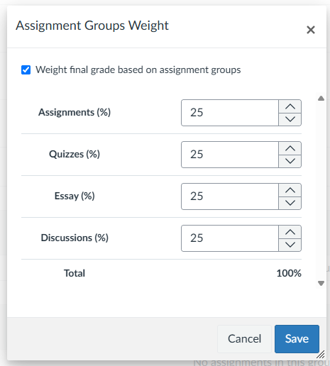 Assignment group weights with percentages next to the categories. 
