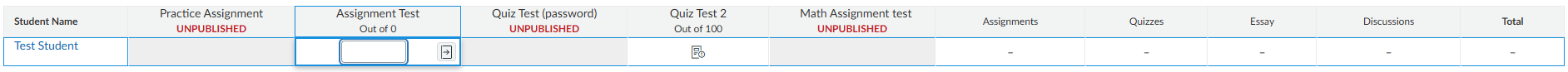 Test student grades, showing editing a grade.
