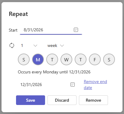 Microsoft teams recurring meetings settings.