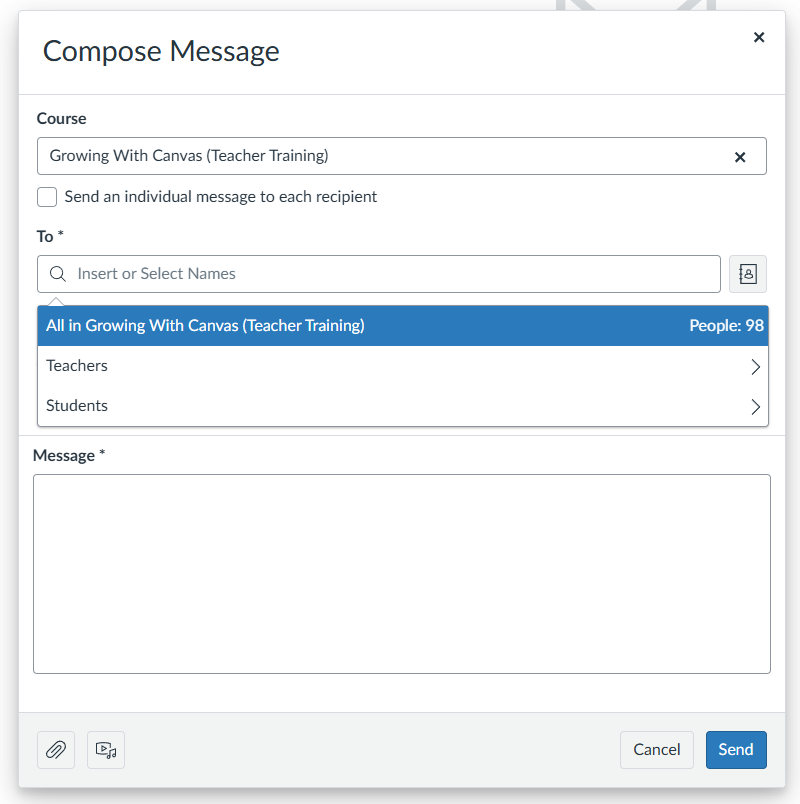 Compose message box, with the sending listing drop-down.