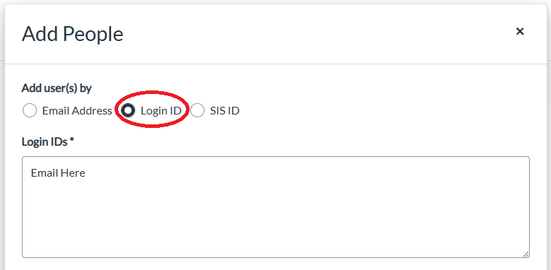 Add people settings with login id in a circle and a text box to enter in email.