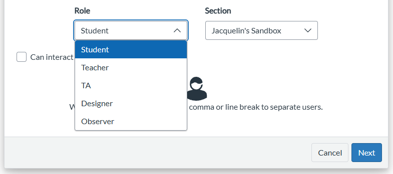 A role drop-down box to select between teacher, ta, designer, and observer.
