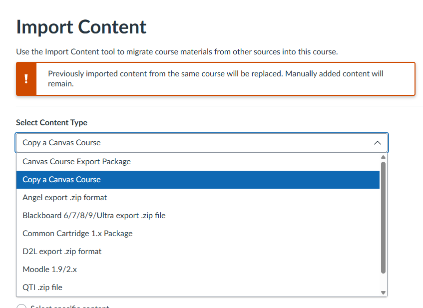 Showing the dropdown options for the course type when copying content from a canvas course.