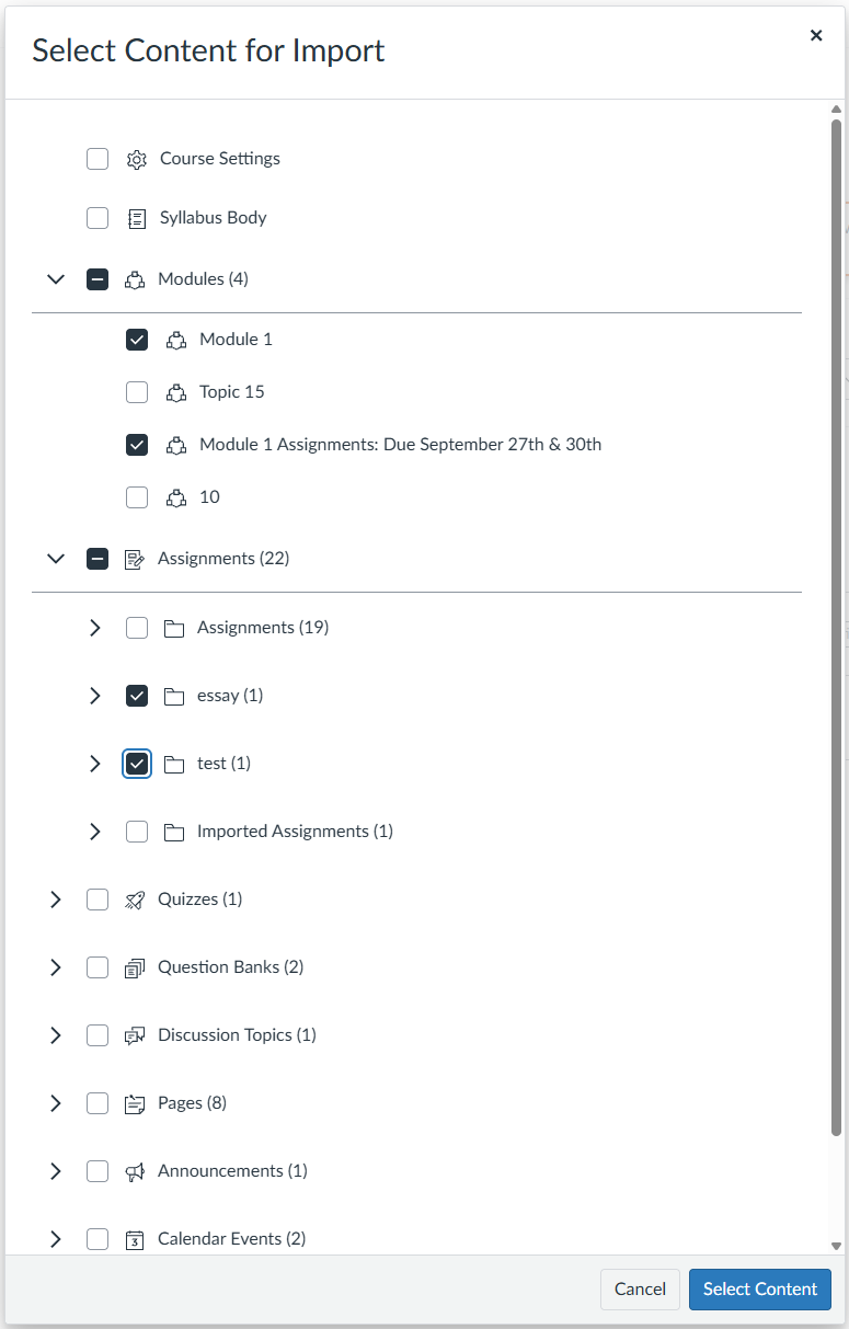 check boxes for selecting which content you want to copy over into a canvas course.