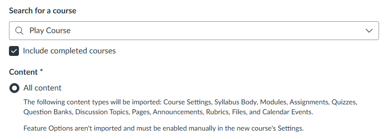 searching the course and selecting all content to be copied over from a canvas course.