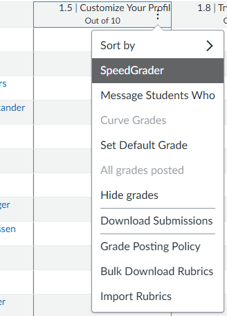 Drop down menu in the gradebook, where you'll select speedgrader.